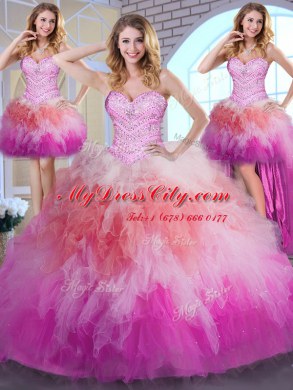 Four Piece Multi-color Tulle Lace Up Sweetheart Sleeveless Floor Length 15th Birthday Dress Beading and Ruffles