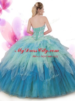 Multi-color Ball Gowns Sweetheart Sleeveless Tulle Floor Length Lace Up Beading and Ruffles Ball Gown Prom Dress