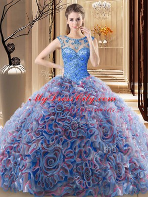 Scoop Sleeveless Fabric With Rolling Flowers 15 Quinceanera Dress Beading Brush Train Lace Up