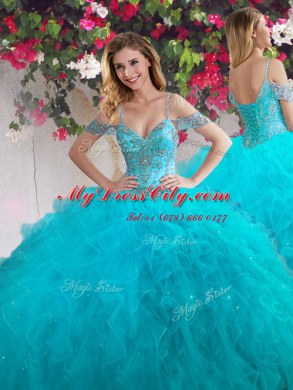 Off the Shoulder Floor Length Ball Gowns Sleeveless Teal Sweet 16 Dress Lace Up