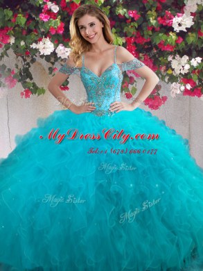 Off the Shoulder Floor Length Ball Gowns Sleeveless Teal Sweet 16 Dress Lace Up