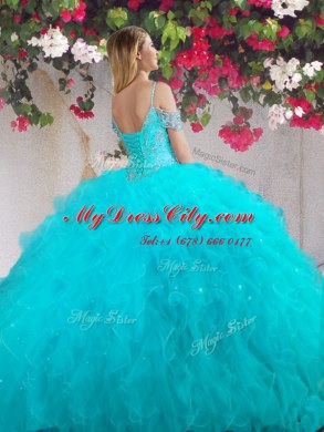 Off the Shoulder Floor Length Ball Gowns Sleeveless Teal Sweet 16 Dress Lace Up