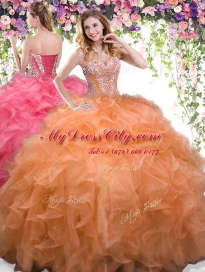 Floor Length Orange Quinceanera Dresses Organza Sleeveless Beading and Ruffles