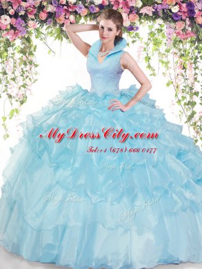Dynamic Floor Length Backless Quinceanera Gowns Baby Blue for Military Ball and Sweet 16 and Quinceanera with Beading and Ruffled Layers