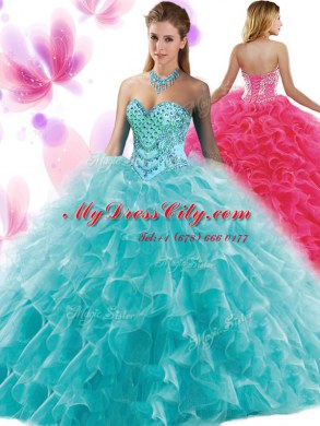 Organza Sweetheart Sleeveless Lace Up Beading and Ruffles Quinceanera Gowns in Teal