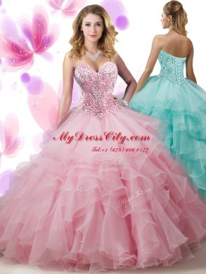 Luxury Ruffled Pink Sleeveless Organza Lace Up Sweet 16 Quinceanera Dress for Military Ball and Sweet 16 and Quinceanera