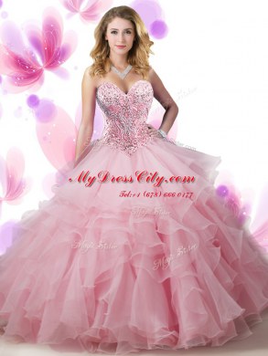 Luxury Ruffled Pink Sleeveless Organza Lace Up Sweet 16 Quinceanera Dress for Military Ball and Sweet 16 and Quinceanera