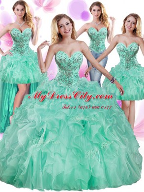 Four Piece Apple Green Sweetheart Neckline Beading and Ruffles Quince Ball Gowns Sleeveless Lace Up