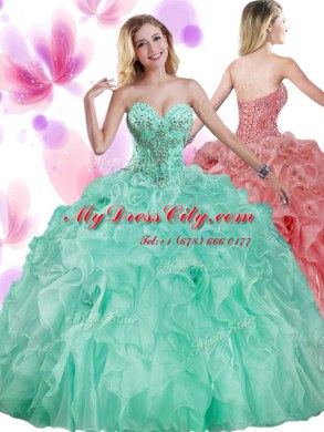 Four Piece Apple Green Sweetheart Neckline Beading and Ruffles Quince Ball Gowns Sleeveless Lace Up