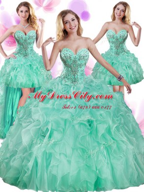 Four Piece Apple Green Sweetheart Neckline Beading and Ruffles Quince Ball Gowns Sleeveless Lace Up