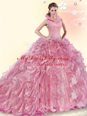 Dynamic Pink Quinceanera Dresses Military Ball and Sweet 16 and Quinceanera and For with Beading and Ruffles High-neck Sleeveless Brush Train Backless