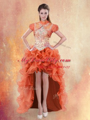 Flirting Four Piece Straps Orange Red Lace Up Sweet 16 Dresses Beading and Ruffles Sleeveless With Brush Train