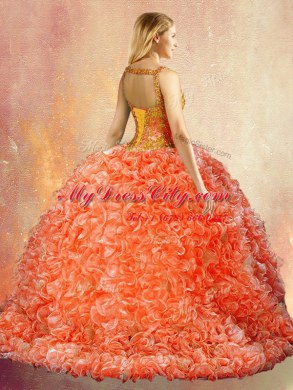 Flirting Four Piece Straps Orange Red Lace Up Sweet 16 Dresses Beading and Ruffles Sleeveless With Brush Train