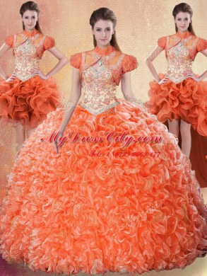 Flirting Four Piece Straps Orange Red Lace Up Sweet 16 Dresses Beading and Ruffles Sleeveless With Brush Train