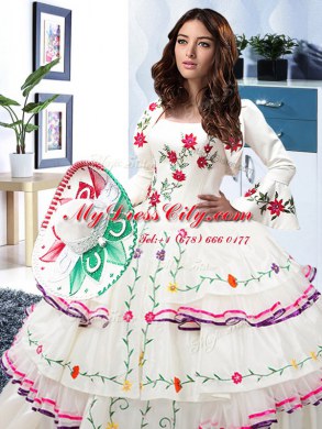 Affordable Sleeveless Organza and Taffeta Floor Length Lace Up Sweet 16 Dresses in White with Embroidery and Ruffled Layers
