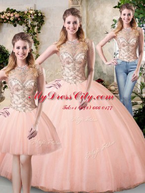 Suitable Scoop Sleeveless Beading Lace Up Quinceanera Dress