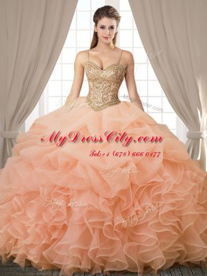 Pick Ups Ball Gowns Quinceanera Dresses Peach Spaghetti Straps Organza Sleeveless Floor Length Lace Up
