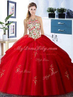 Latest Halter Top Sleeveless Tulle Floor Length Lace Up Quinceanera Gowns in Red with Embroidery and Pick Ups