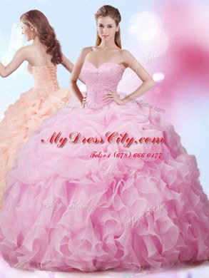 Best Selling Pick Ups With Train Rose Pink Sweet 16 Quinceanera Dress Sweetheart Sleeveless Brush Train Lace Up