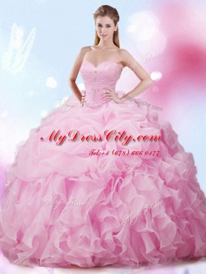 Best Selling Pick Ups With Train Rose Pink Sweet 16 Quinceanera Dress Sweetheart Sleeveless Brush Train Lace Up