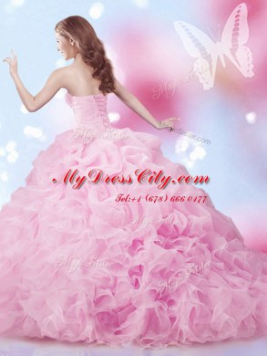 Best Selling Pick Ups With Train Rose Pink Sweet 16 Quinceanera Dress Sweetheart Sleeveless Brush Train Lace Up