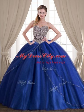 Artistic With Train Royal Blue Quinceanera Gowns Tulle Brush Train Sleeveless Beading