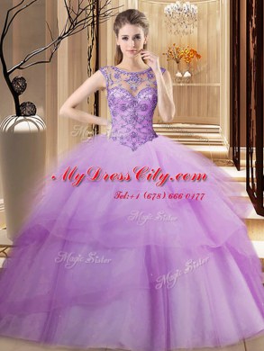 Admirable Scoop Sleeveless Brush Train Beading and Ruffled Layers Lace Up Sweet 16 Dresses