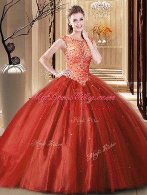 Scoop Lace Up Ball Gown Prom Dress Wine Red for Military Ball and Sweet 16 and Quinceanera with Beading Brush Train