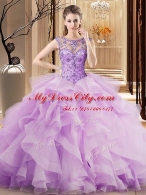 New Style Scoop Sleeveless Quinceanera Dress Brush Train Beading and Ruffles Lilac Tulle