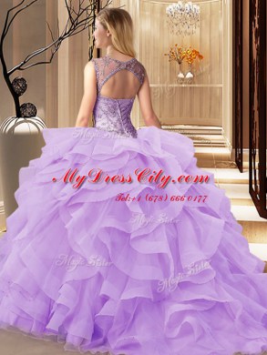 New Style Scoop Sleeveless Quinceanera Dress Brush Train Beading and Ruffles Lilac Tulle
