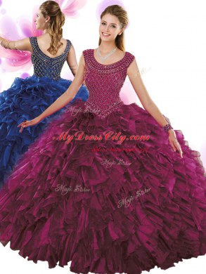 Beauteous Fuchsia Scoop Zipper Beading and Ruffles Sweet 16 Dresses Sleeveless