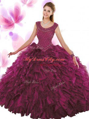 Beauteous Fuchsia Scoop Zipper Beading and Ruffles Sweet 16 Dresses Sleeveless