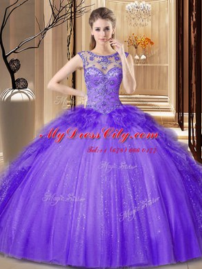 Scoop Sleeveless Tulle Floor Length Lace Up Quinceanera Dresses in Purple with Sequins