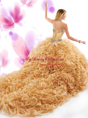 Sleeveless Court Train Lace Up Beading and Ruffles Quinceanera Gown