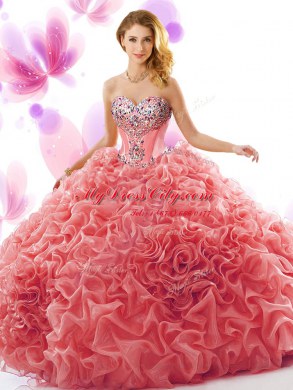 Sleeveless Court Train Lace Up Beading and Ruffles Quinceanera Gown