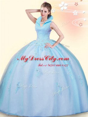 Baby Blue Sleeveless Tulle Backless Vestidos de Quinceanera for Military Ball and Sweet 16 and Quinceanera