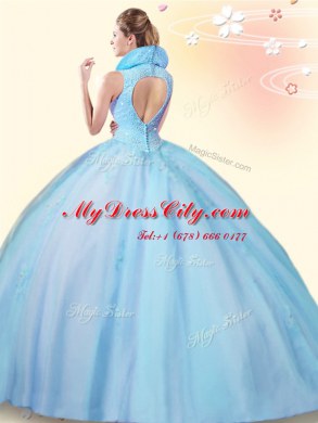 Baby Blue Sleeveless Tulle Backless Vestidos de Quinceanera for Military Ball and Sweet 16 and Quinceanera