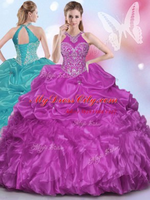 Beautiful Pick Ups Halter Top Sleeveless Lace Up Sweet 16 Dresses Fuchsia Organza