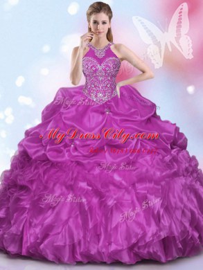 Beautiful Pick Ups Halter Top Sleeveless Lace Up Sweet 16 Dresses Fuchsia Organza
