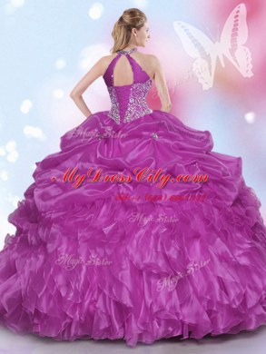 Beautiful Pick Ups Halter Top Sleeveless Lace Up Sweet 16 Dresses Fuchsia Organza
