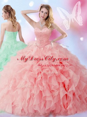 Dazzling Floor Length Watermelon Red Sweet 16 Dress Sweetheart Sleeveless Lace Up