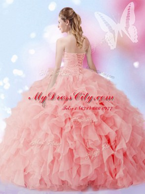 Dazzling Floor Length Watermelon Red Sweet 16 Dress Sweetheart Sleeveless Lace Up