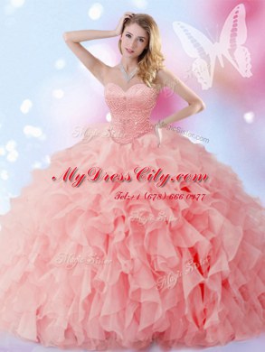 Dazzling Floor Length Watermelon Red Sweet 16 Dress Sweetheart Sleeveless Lace Up