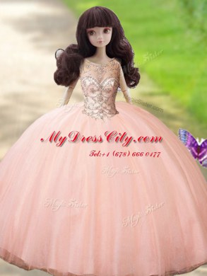 Scoop Peach Sleeveless Beading Floor Length 15 Quinceanera Dress