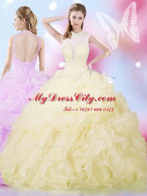Wonderful High-neck Sleeveless Organza Ball Gown Prom Dress Beading and Ruffles and Pick Ups Lace Up