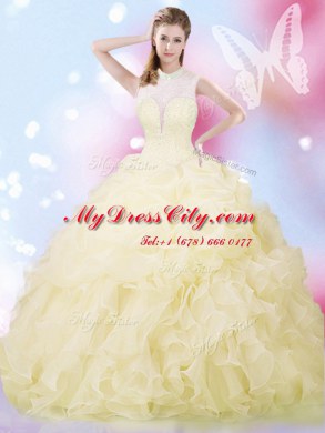 Wonderful High-neck Sleeveless Organza Ball Gown Prom Dress Beading and Ruffles and Pick Ups Lace Up