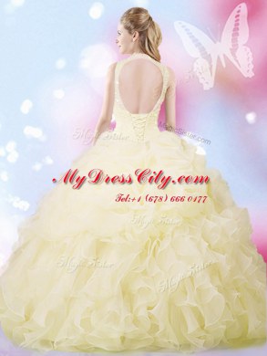 Wonderful High-neck Sleeveless Organza Ball Gown Prom Dress Beading and Ruffles and Pick Ups Lace Up