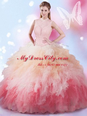 Tulle Sleeveless Floor Length Quinceanera Dresses and Beading and Ruffles