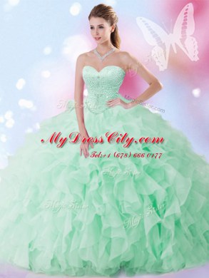 Suitable Apple Green Lace Up Ball Gown Prom Dress Beading and Ruffles Sleeveless Floor Length