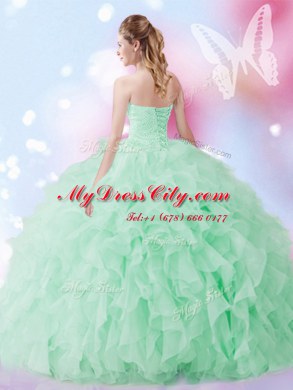Suitable Apple Green Lace Up Ball Gown Prom Dress Beading and Ruffles Sleeveless Floor Length
